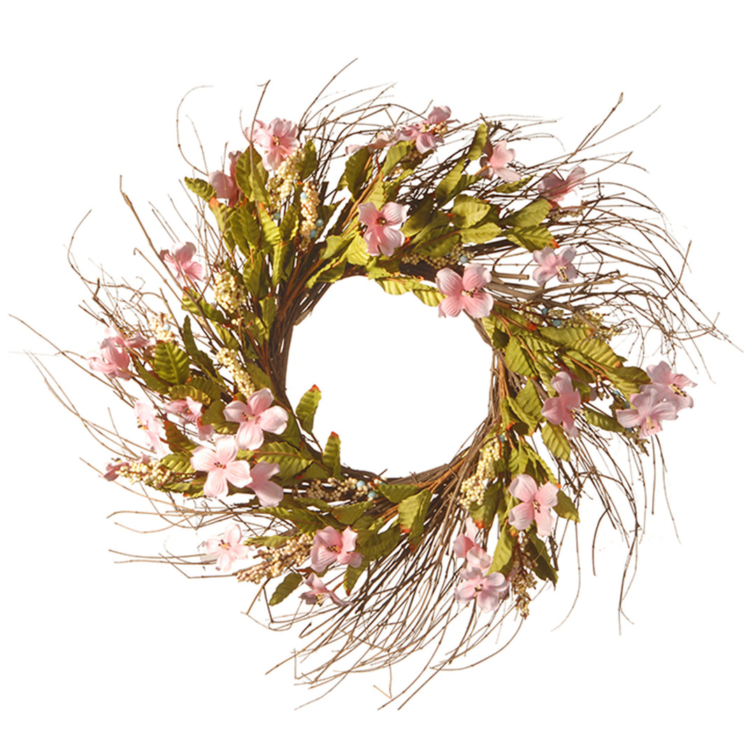 Artificial Hanging Wreath, Woven Branch Base, Decorated with Dogwood Flowers, Leafy Greens, Spring Collection, 22 Inches