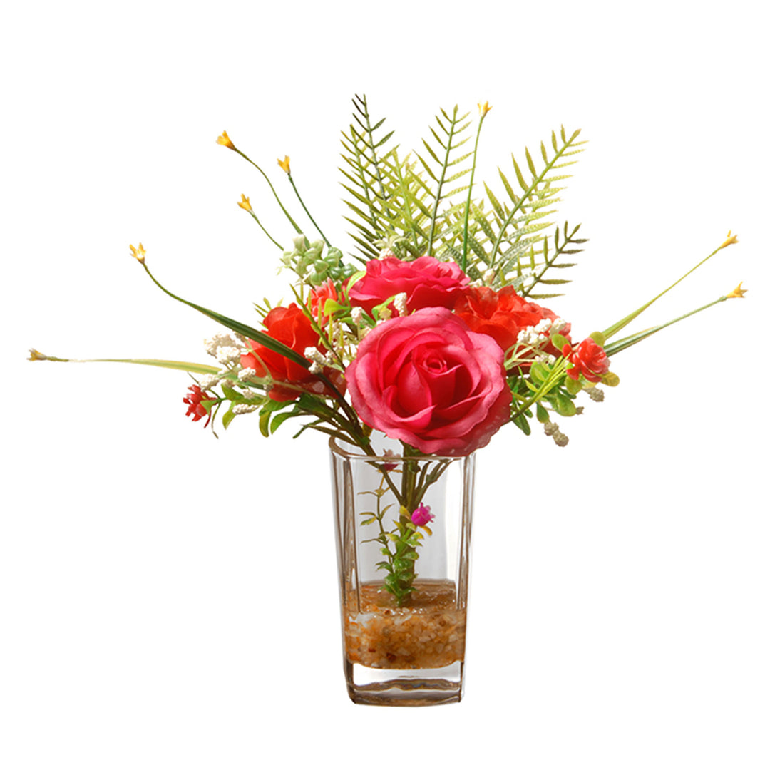 Artificial Flower Bouquet in Glass Vase, Red Roses, Decorated with Leafy Greens, Spring Collection, 12 Inches