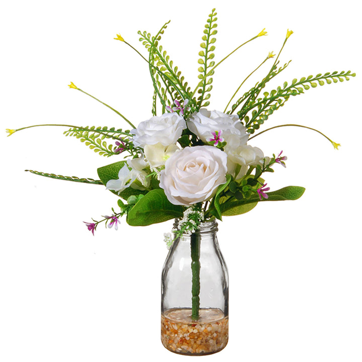 Artificial Flower Bouquet in Glass Vase, White Roses, Decorated with Leafy Greens, Spring Collection, 12 Inches