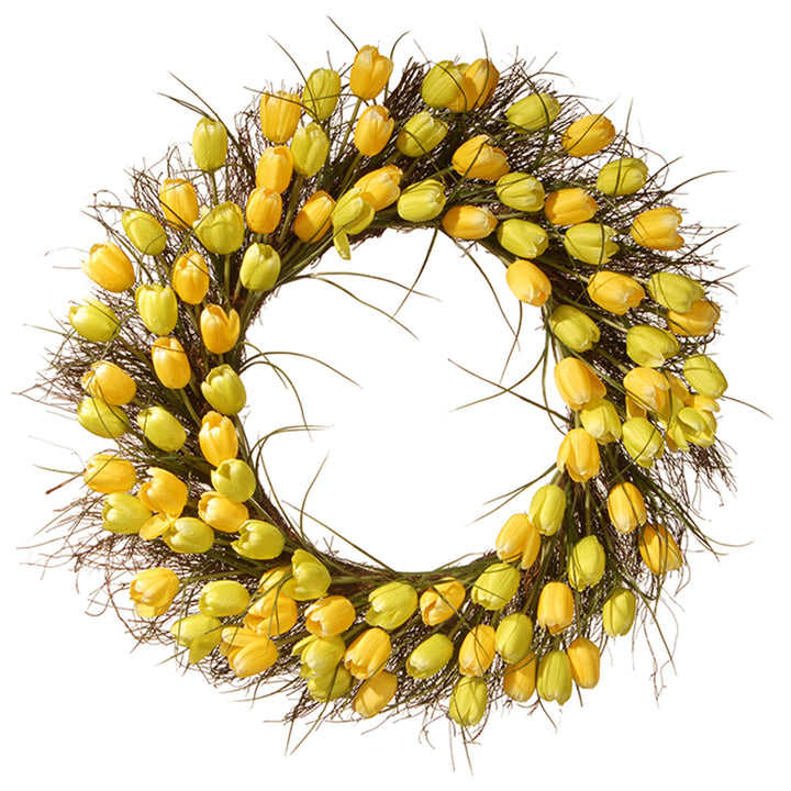 Artificial Hanging Wreath, Woven Branch Base, Decorated with Yellow Tulip Blooms, Flowing Green Stems, Spring Collection, 32 Inches