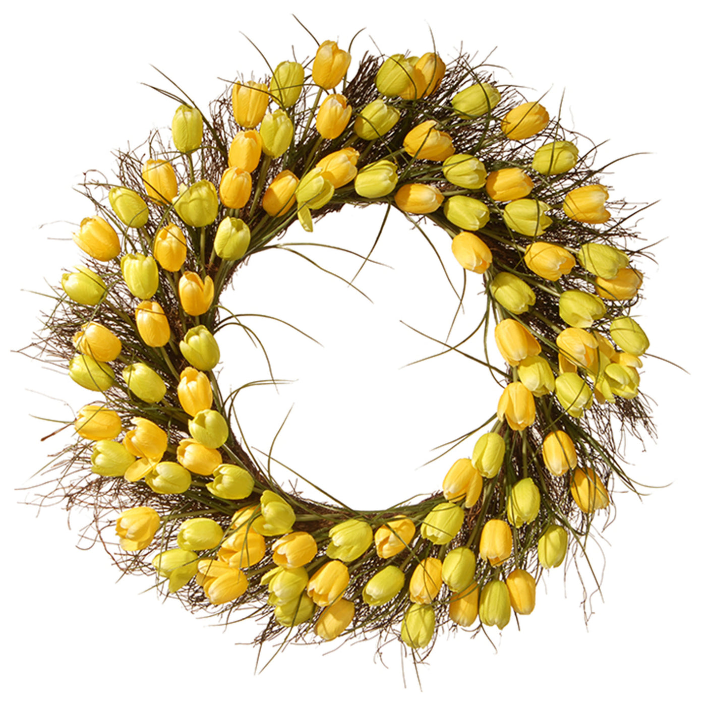 32 in. Spring Wreath with Yellow Tulip Blooms, Flowing Green Stems - National Tree Company