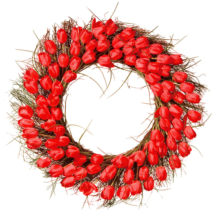Artificial Hanging Wreath, Woven Branch Base, Decorated with Red Tulip Blooms, Flowing Green Stems, Spring Collection, 32 Inches