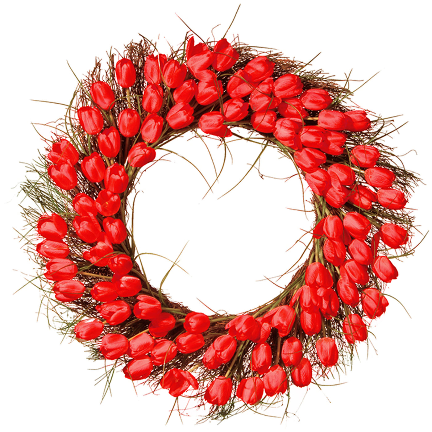 32 in. Spring Wreath with Red Tulip Blooms, Flowing Green Stems - National Tree Company