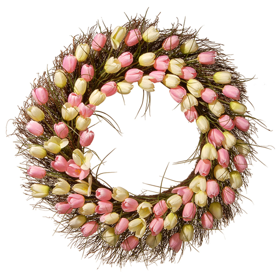 Artificial Hanging Wreath, Woven Branch Base, Decorated with Yellow and Pink Tulip Blooms, Flowing Green Stems, Spring Collection, 32 Inches