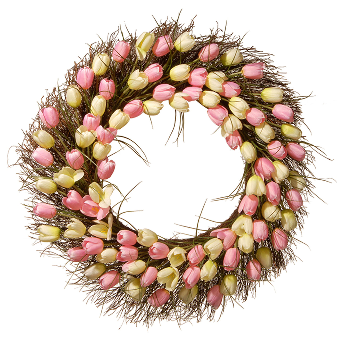 32 in. Spring Wreath with Yellow and Pink Tulip Blooms, Flowing Green Stems - National Tree Company