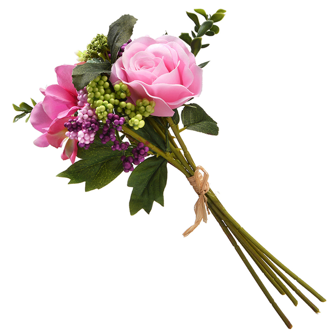 Artificial Floral Bouquet, Vine Stem Base, Decorated with Pink Rose Blooms, Multicolor Berry Clusters, Spring Collection, 12 Inches
