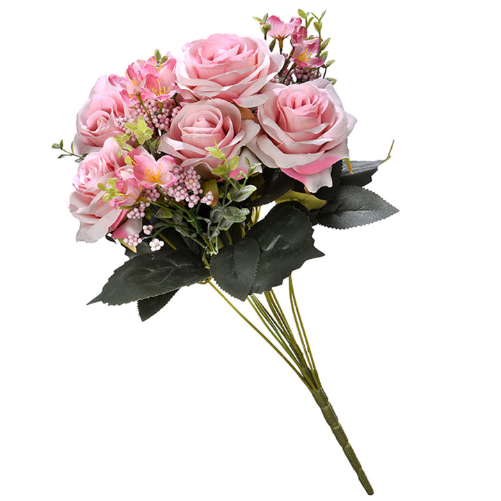 Artificial Floral Bouquet, Vine Stem Base, Decorated with Pink Rose Blooms, Pink Berry Clusters, Seed Pods, Leafy Greens, Spring Collection, 19 Inches