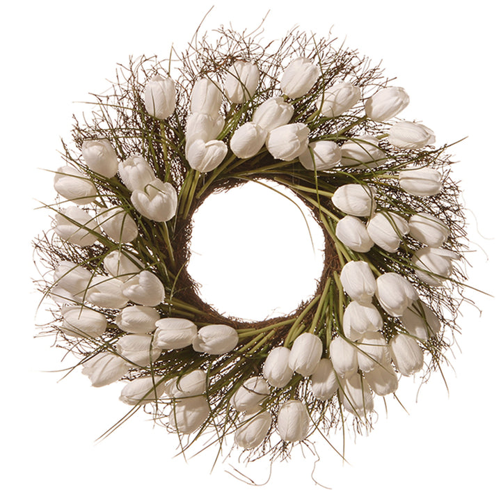 Artificial Hanging Wreath, Woven Branch Base, Decorated with White Tulip Blooms, Flowing Green Stems, Spring Collection, 24 Inches