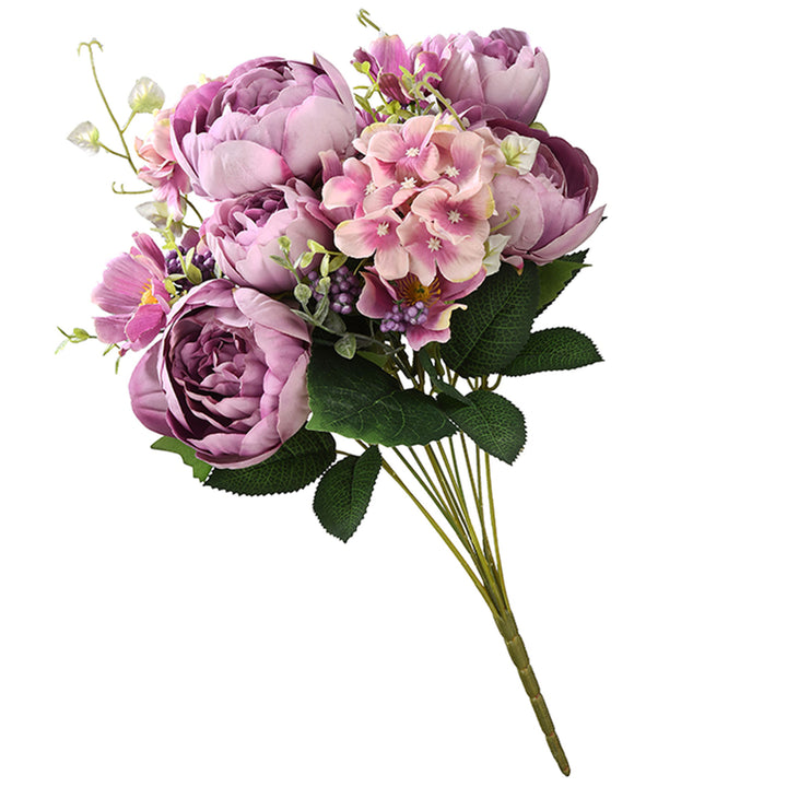Artificial Floral Bouquet, Vine Stem Base, Decorated with Purple Rose Blooms, Purple Berry Clusters, Seed Pods, Leafy Greens, Spring Collection, 19 Inches