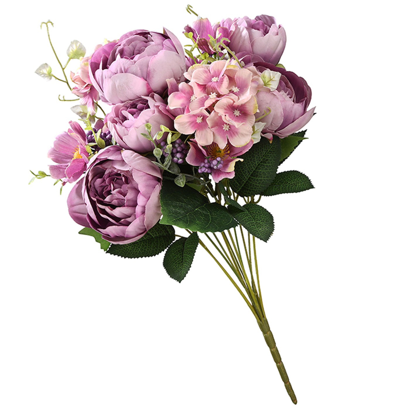 19 in. Spring Floral Bouquet with Purple Rose Blooms, Purple Berry Clusters, Seed Pods, Leafy Greens - National Tree Company