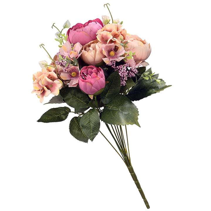 Artificial Floral Bouquet, Vine Stem Base, Decorated with Pink Rose Blooms, Purple Berry Clusters, Seed Pods, Leafy Greens, Spring Collection, 19 Inches