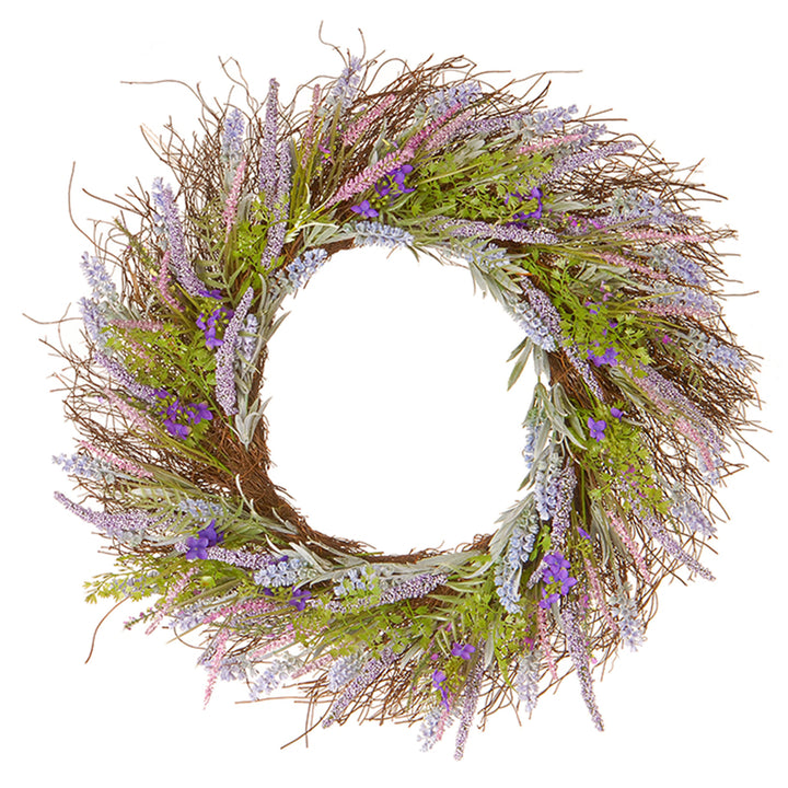 Artificial Hanging Wreath, Woven Branch Base, Decorated with Purple Lavender Blooms, Flowing Green Stems, Small Flower Blooms, Spring Collection, 24 Inches