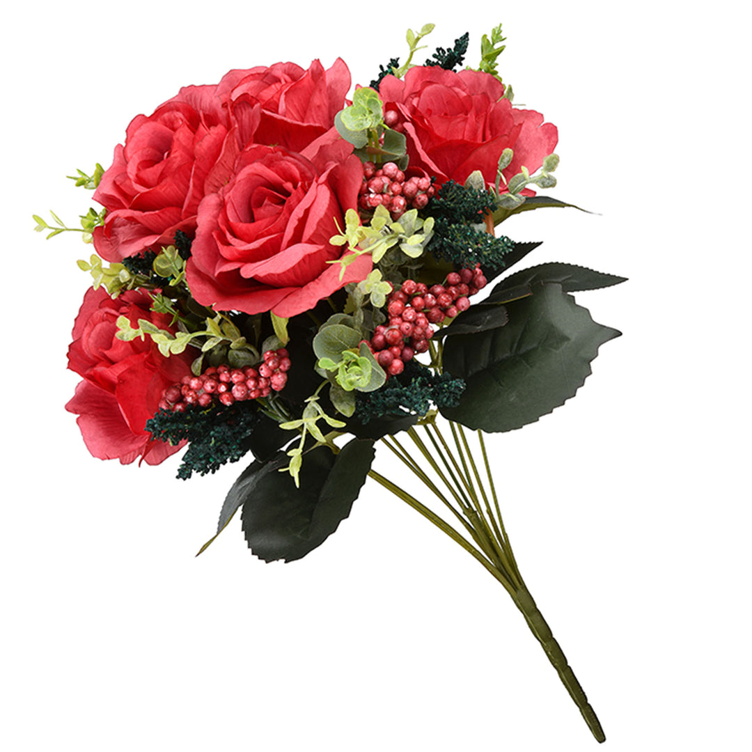 Artificial Floral Bouquet, Vine Stem Base, Decorated with Red Rose Blooms, Berry Clusters, Seed Pods, Leafy Greens, Spring Collection, 19 Inches