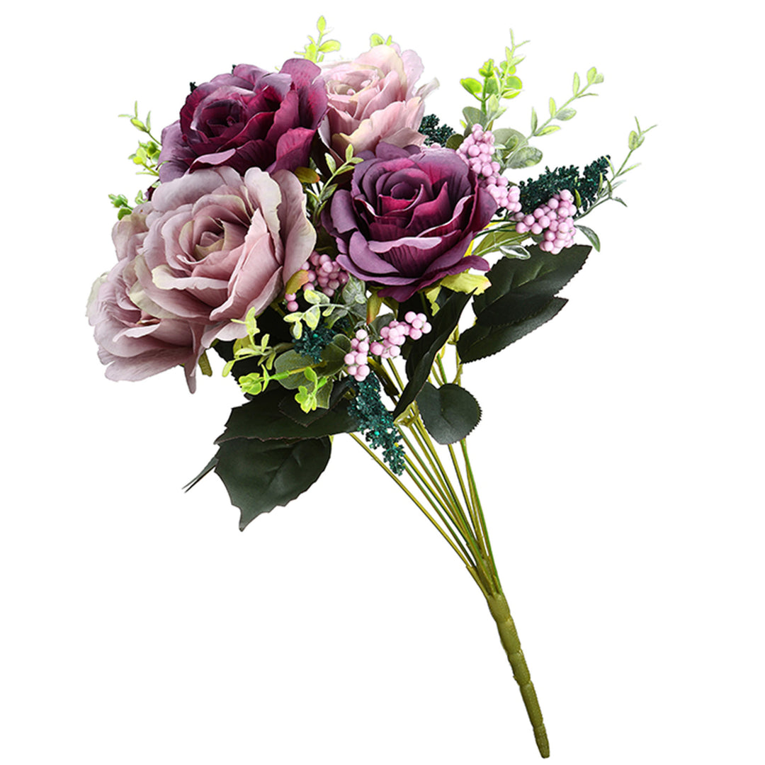 Artificial Floral Bouquet, Vine Stem Base, Decorated with Purple and Pink Rose Blooms, Berry Clusters, Seed Pods, Leafy Greens, Spring Collection, 19 Inches