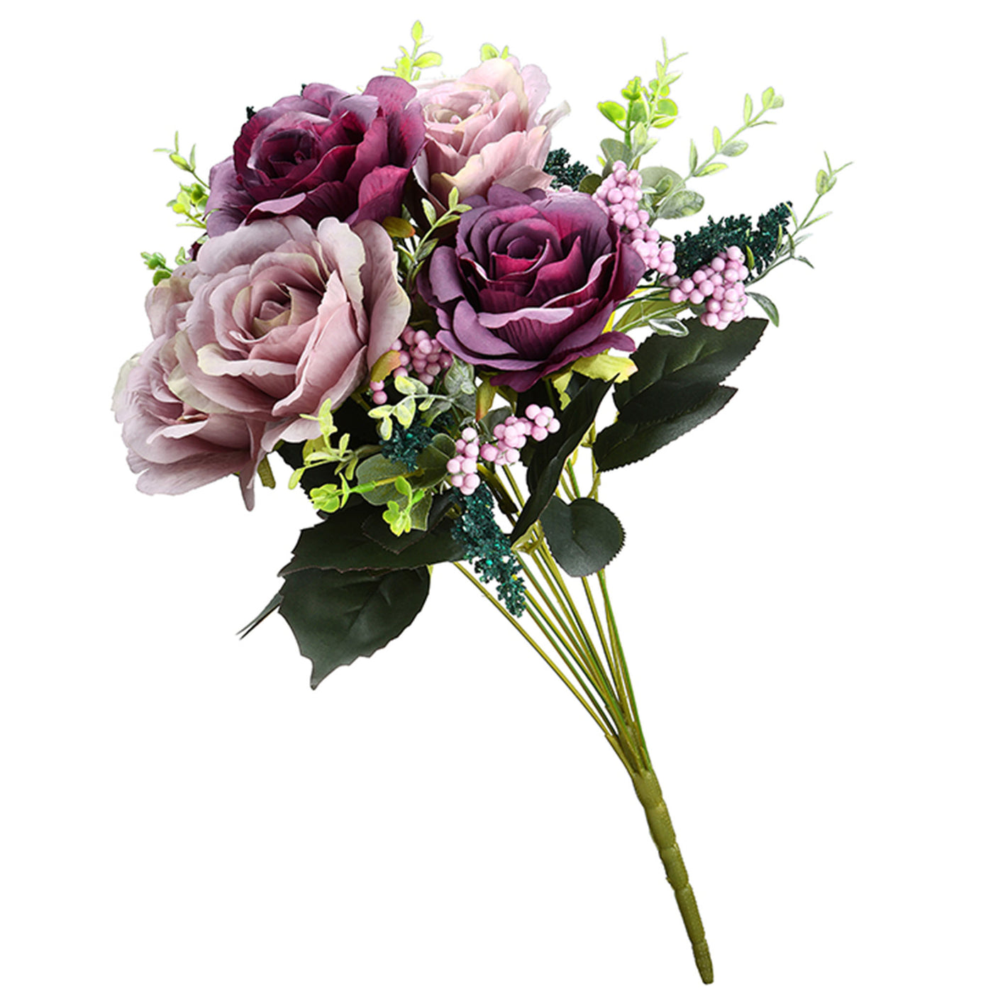19 in. Spring Floral Bouquet with Purple and Pink Rose Blooms, Berry Clusters, Seed Pods, Leafy Greens - National Tree Company