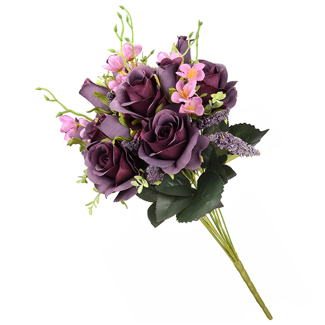 Artificial Floral Bouquet, Vine Stem Base, Decorated with Deep Purple Rose Blooms, Pink Flowers, Seed Pods, Leafy Greens, Spring Collection, 19 Inches