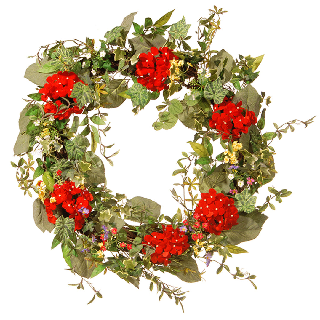 Artificial Hanging Wreath, Woven Branch Base, Decorated with Red Flower Blooms, Flowing Green Stems, Spring Collection, 32 Inches