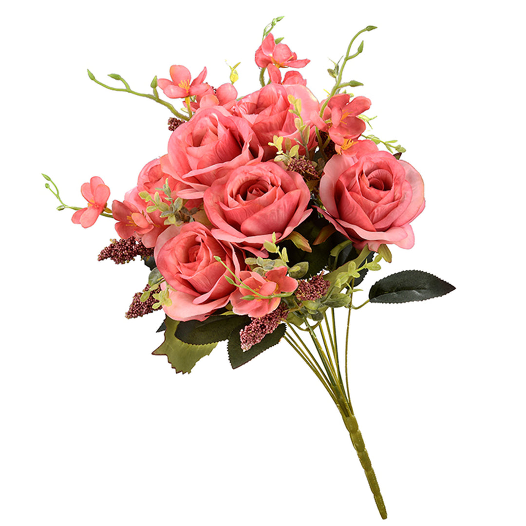 Artificial Floral Bouquet, Vine Stem Base, Decorated with Vibrant Pink Rose Blooms, Seed Pods, Leafy Greens, Spring Collection, 19 Inches