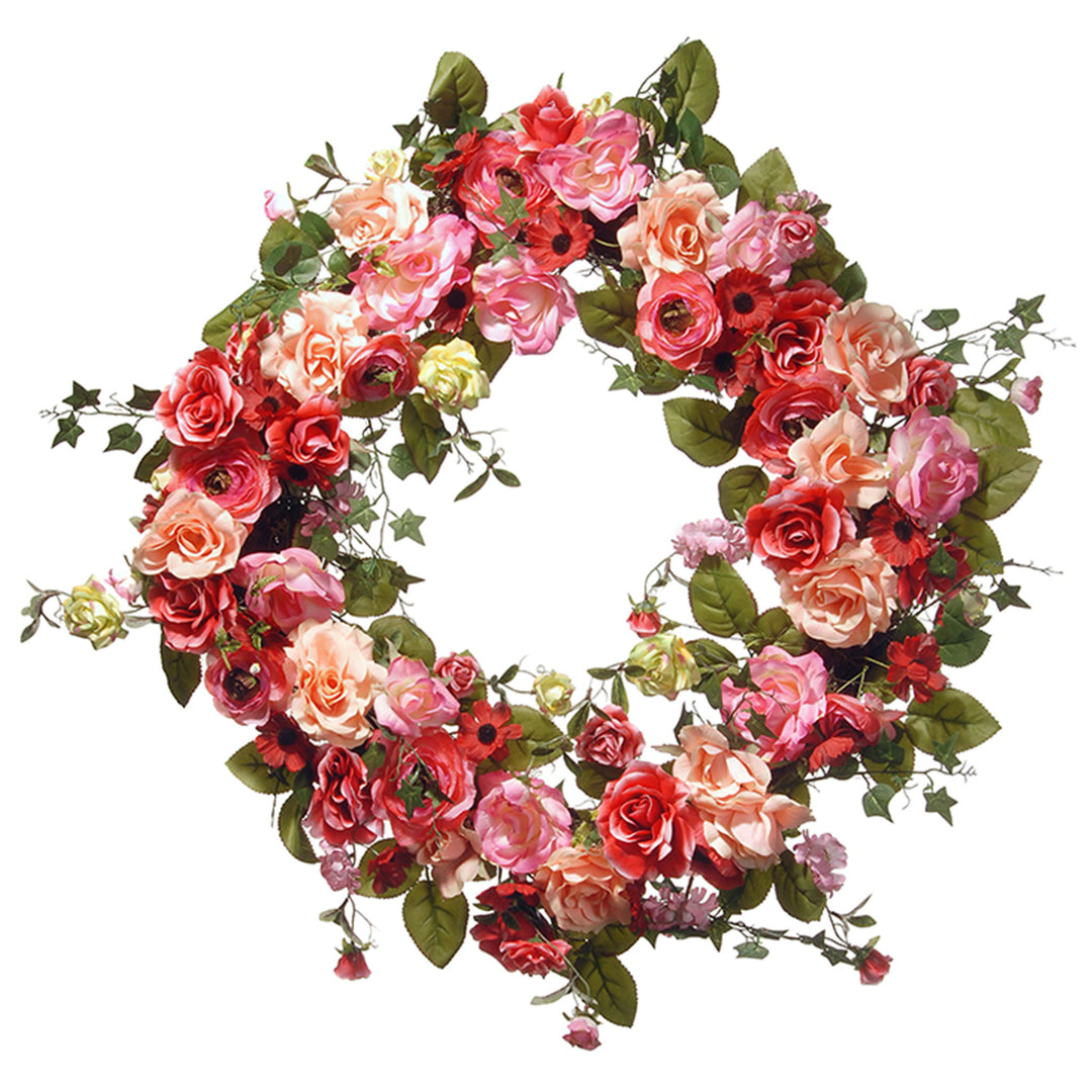 Artificial Hanging Wreath, Woven Branch Base, Decorated with Pink and Peach Rose Blooms, Red Dahlias, Flowing Green Stems, Spring Collection, 32 Inches