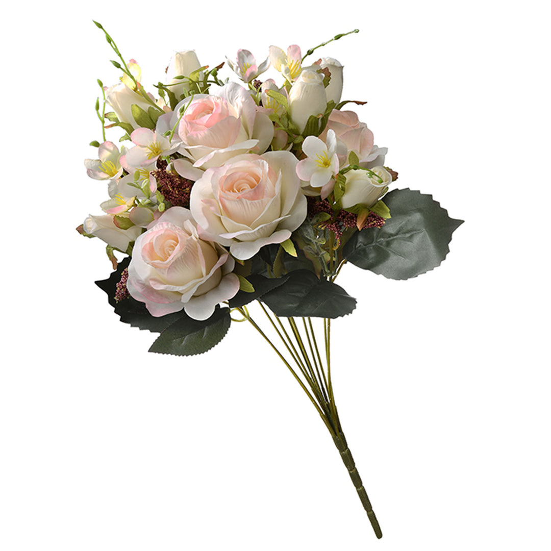 Artificial Floral Bouquet, Vine Stem Base, Decorated with Light Pink Rose Blooms, Seed Pods, Leafy Greens, Spring Collection, 19 Inches