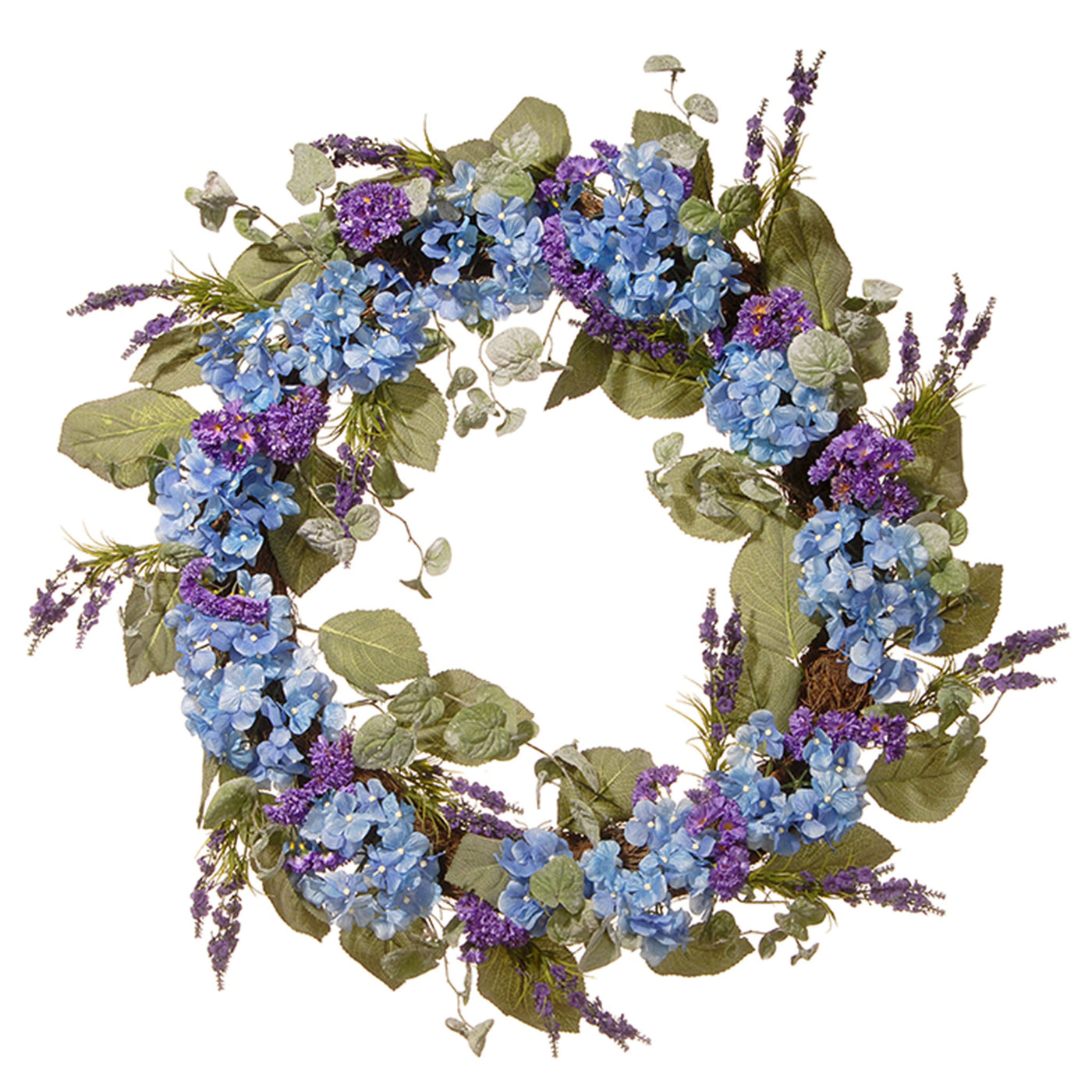 32 in. Spring Wreath with Blue Hydrangea Blooms, Purple Flowers, Flowing Green Stems - National Tree Company