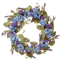 32 in. Spring Wreath with Blue Hydrangea Blooms, Purple Flowers, Flowing Green Stems - National Tree Company
