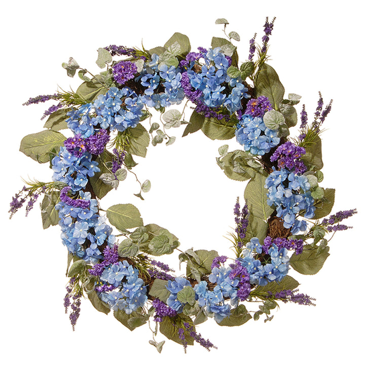 Artificial Hanging Wreath, Woven Branch Base, Decorated with Blue Hydrangea Blooms, Purple Flowers, Flowing Green Stems, Spring Collection, 32 Inches