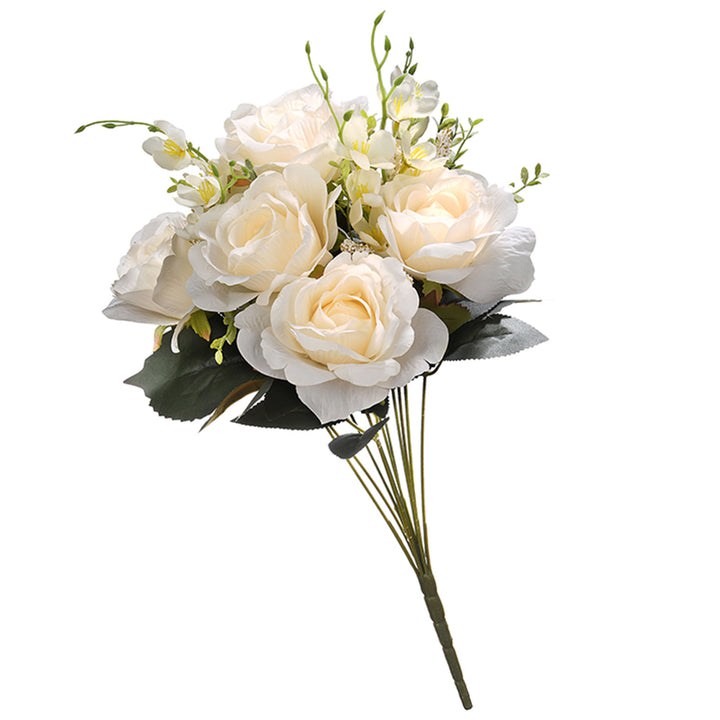 Artificial Floral Bouquet, Vine Stem Base, Decorated with Cream Rose Blooms, Seed Pods, Leafy Greens, Spring Collection, 19 Inches