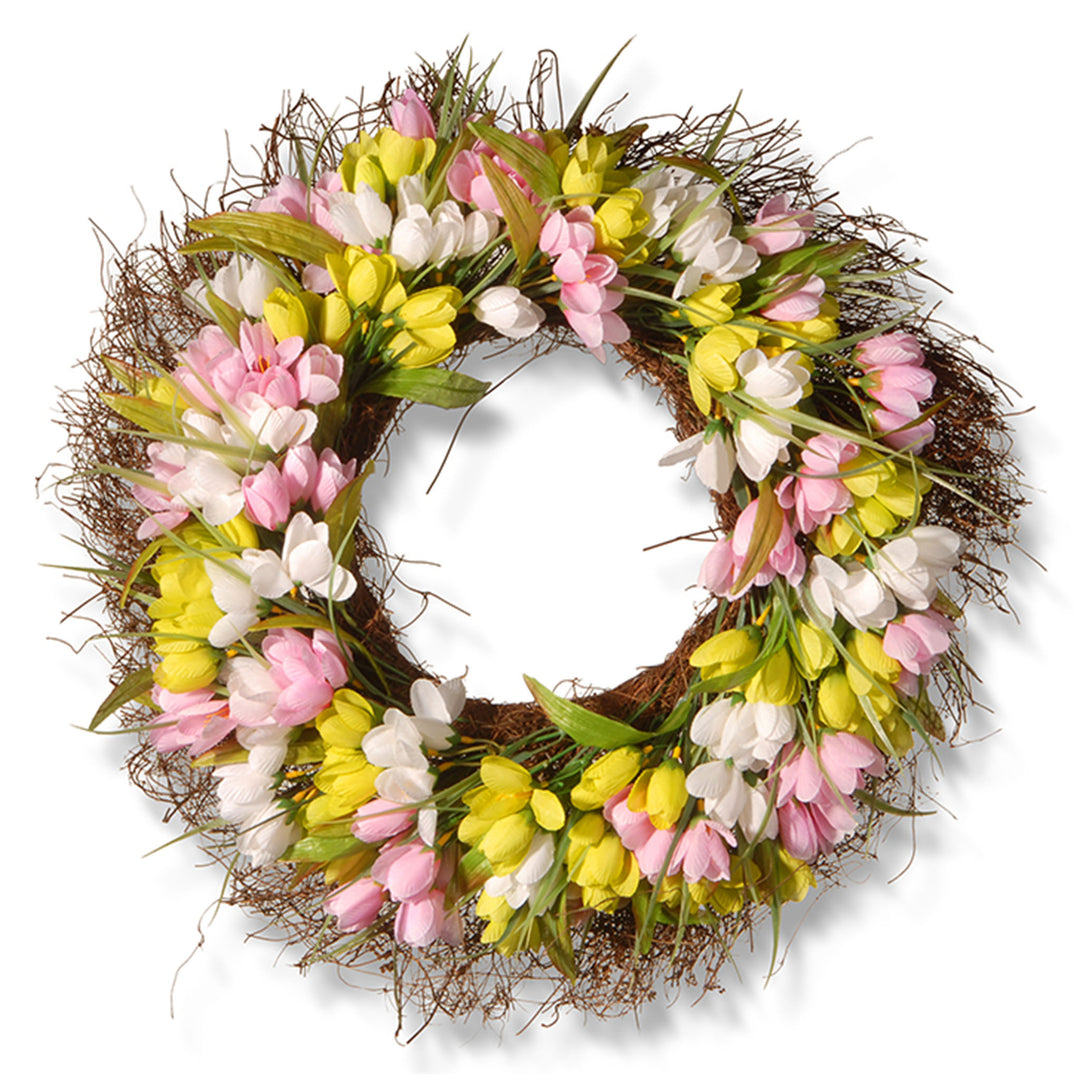 Artificial Hanging Wreath, Woven Branch Base, Decorated with Pink, Yellow and White Tulips, Flowing Green Stems, Spring Collection, 21 Inches