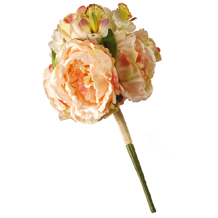 Artificial Floral Bouquet, Vine Stem Base, Decorated with Pink Dahlia, Hydrangea and Rose Blooms, Spring Collection, 14 Inches