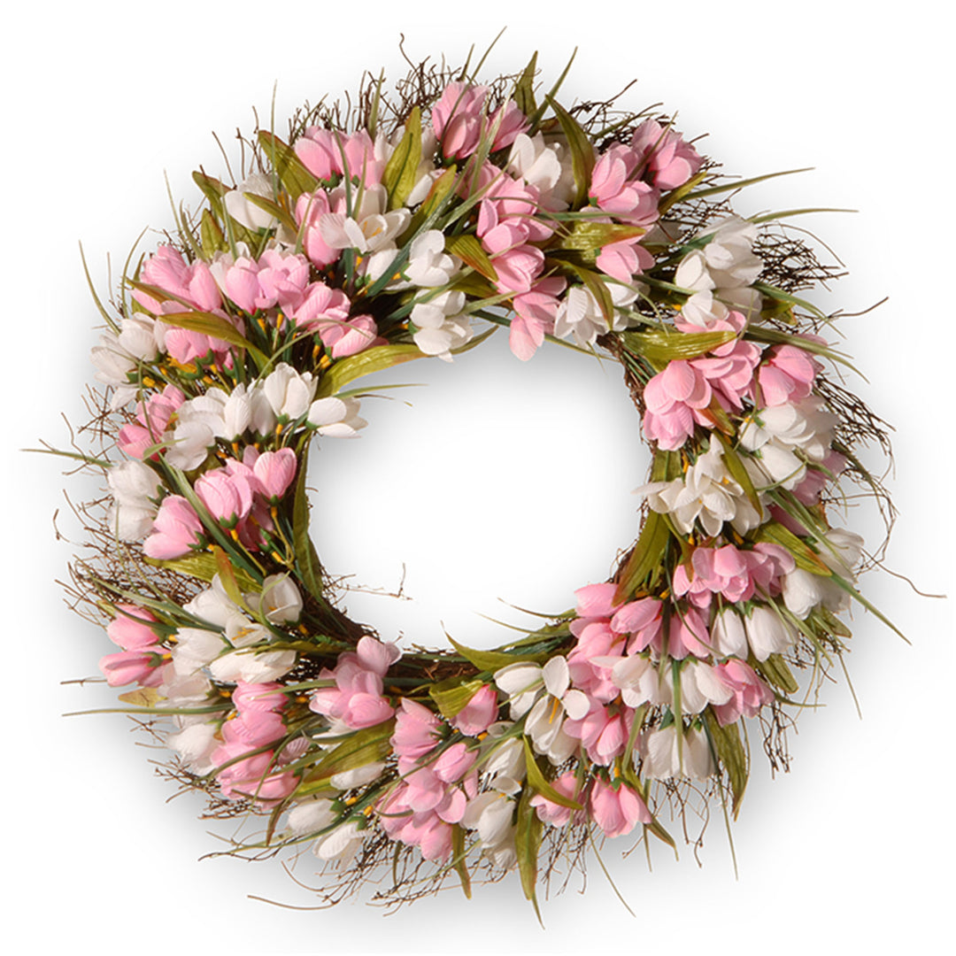 Artificial Hanging Wreath, Woven Branch Base, Decorated with Pink and White Tulips, Flowing Green Stems, Spring Collection, 21 Inches