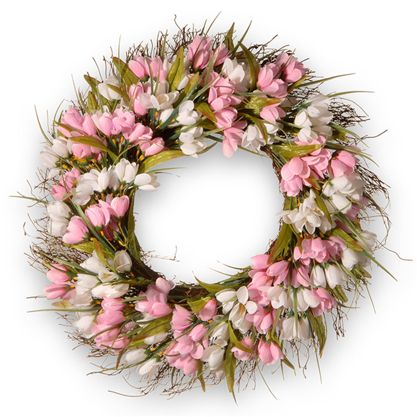 21 in. Spring Wreath with Pink and White Tulips, Flowing Green Stems - National Tree Company