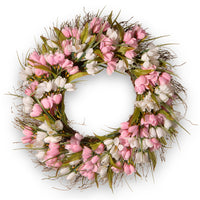 21 in. Spring Wreath with Pink and White Tulips, Flowing Green Stems - National Tree Company