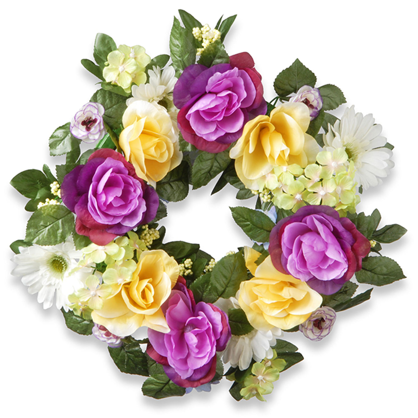 18 in. Spring Wreath with Colorful Daisies, Hydrangeas, Roses, Leafy Greens - National Tree Company