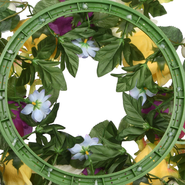 Artificial Hanging Wreath, Vine Stem Base, Decorated with Colorful Daisies, Hydrangeas, Roses, Leafy Greens, Spring Collection, 18 Inches