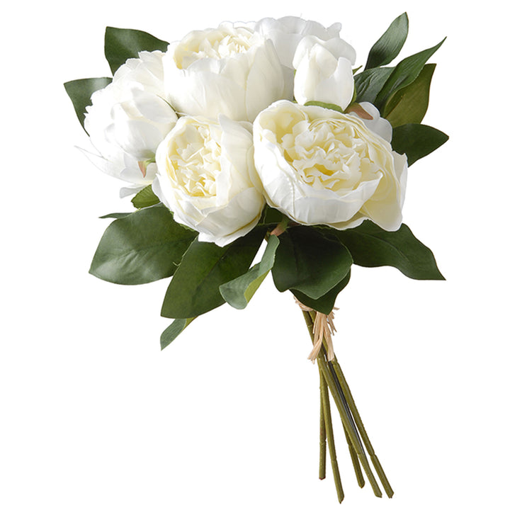 Artificial Floral Bouquet, Vine Stem Base, Decorated with White Peony Blooms, Leafy Greens, Spring Collection, 14 Inches