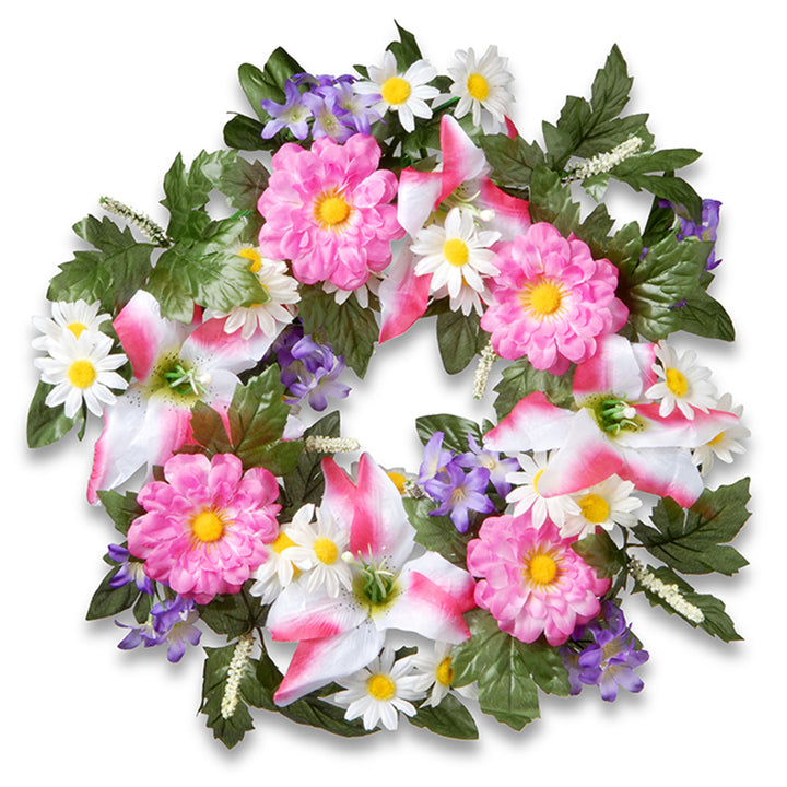Artificial Hanging Wreath, Woven Branch Base, Decorated with Multicolor Daisy and Tiger Lily Blooms, Leafy Greens, Berry Clusters, Spring Collection, 18 Inches