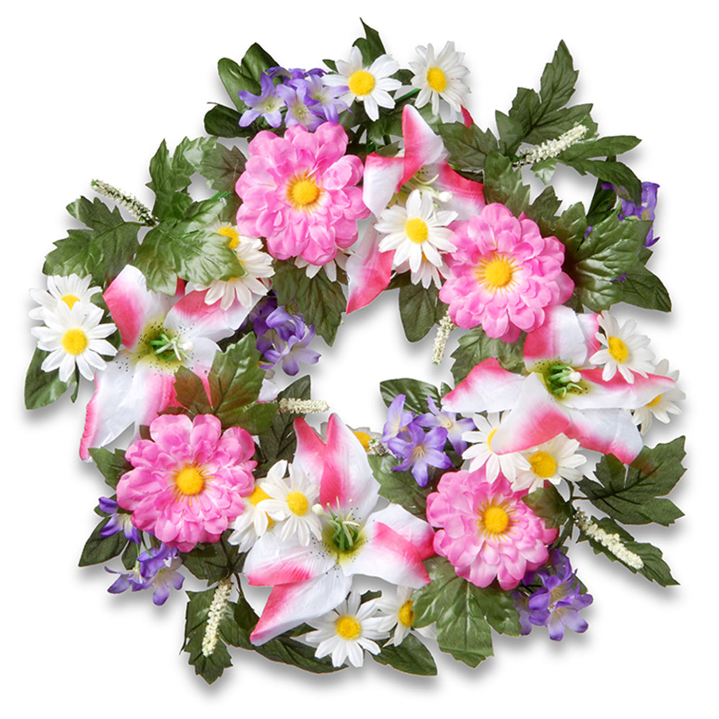 Artificial Hanging Wreath, Woven Branch Base, Decorated with Multicolor Daisy and Tiger Lily Blooms, Leafy Greens, Berry Clusters, Spring Collection, 18 Inches - National Tree Company