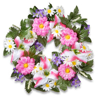 Artificial Hanging Wreath, Woven Branch Base, Decorated with Multicolor Daisy and Tiger Lily Blooms, Leafy Greens, Berry Clusters, Spring Collection, 18 Inches - National Tree Company