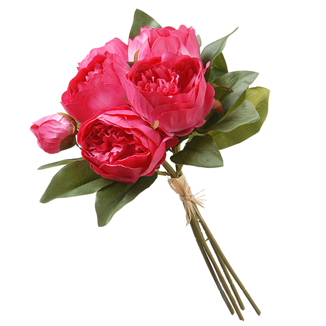 Artificial Floral Bouquet, Vine Stem Base, Decorated with Bright Pink Peony Blooms, Leafy Greens, Spring Collection, 14 Inches