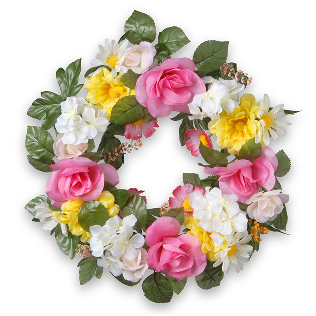 Artificial Hanging Wreath, Woven Branch Base, Decorated with Multicolor Daisy and Rose Blooms, Leafy Greens, Berry Clusters, Spring Collection, 18 Inches