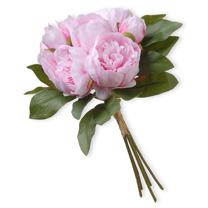 Artificial Floral Bouquet, Vine Stem Base, Decorated with Light Pink Peony Blooms, Leafy Greens, Spring Collection, 14 Inches