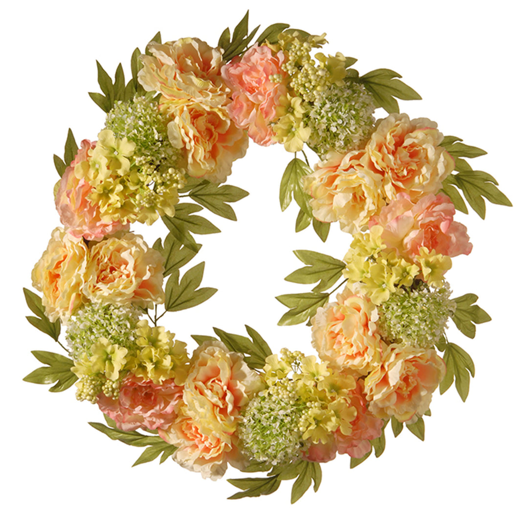 National Tree Company Artificial Hanging Wreath, Woven Branch Base, Decorated with Cream Peony Blooms, Branches, Leafy Greens, Spring Collection, 24 Inches
