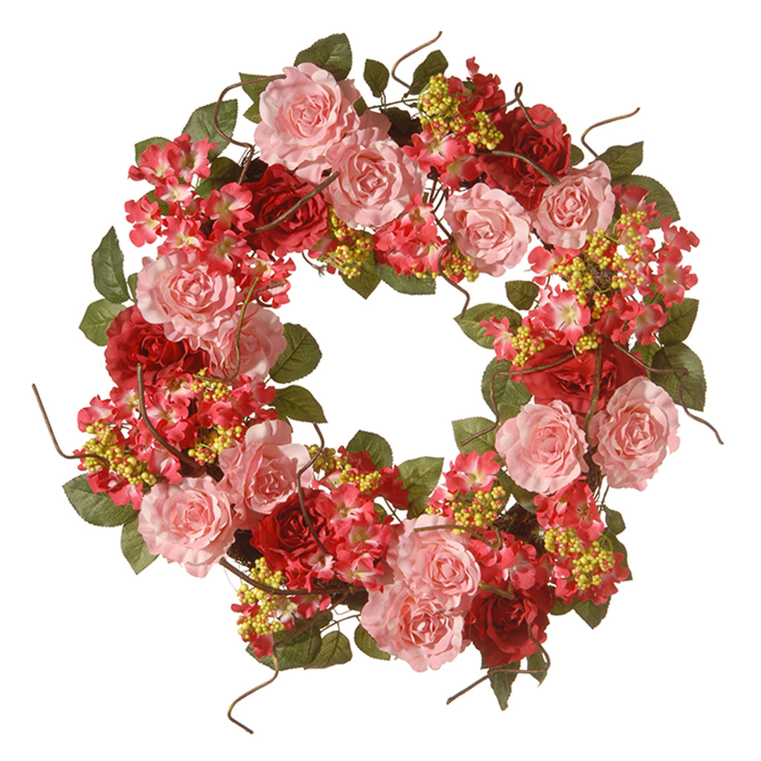 National Tree Company Artificial Hanging Wreath, Woven Branch Base, Decorated with Pink Rose Blooms, Branches, Leafy Greens, Spring Collection, 20 Inches