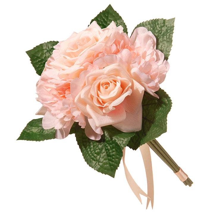 Artificial Floral Bouquet, Vine Stem Base, Decorated with Pink Rose and Peony Blooms, Ribbon, Seed Pods, Leafy Greens, Spring Collection, 12 Inches