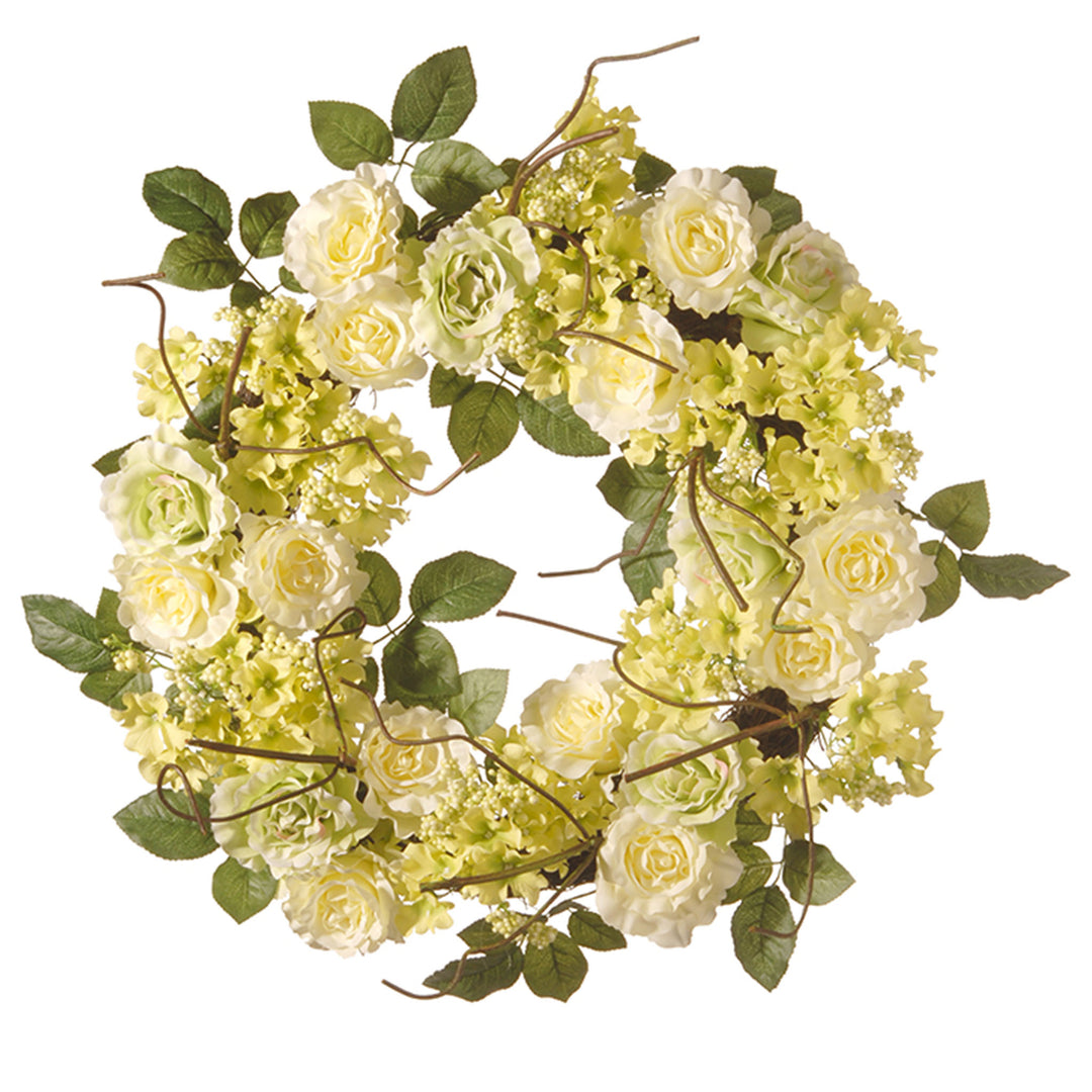 Artificial Hanging Wreath, Woven Branch Base, Decorated with Cream Rose Blooms, Branches, Leafy Greens, Spring Collection, 20 Inches