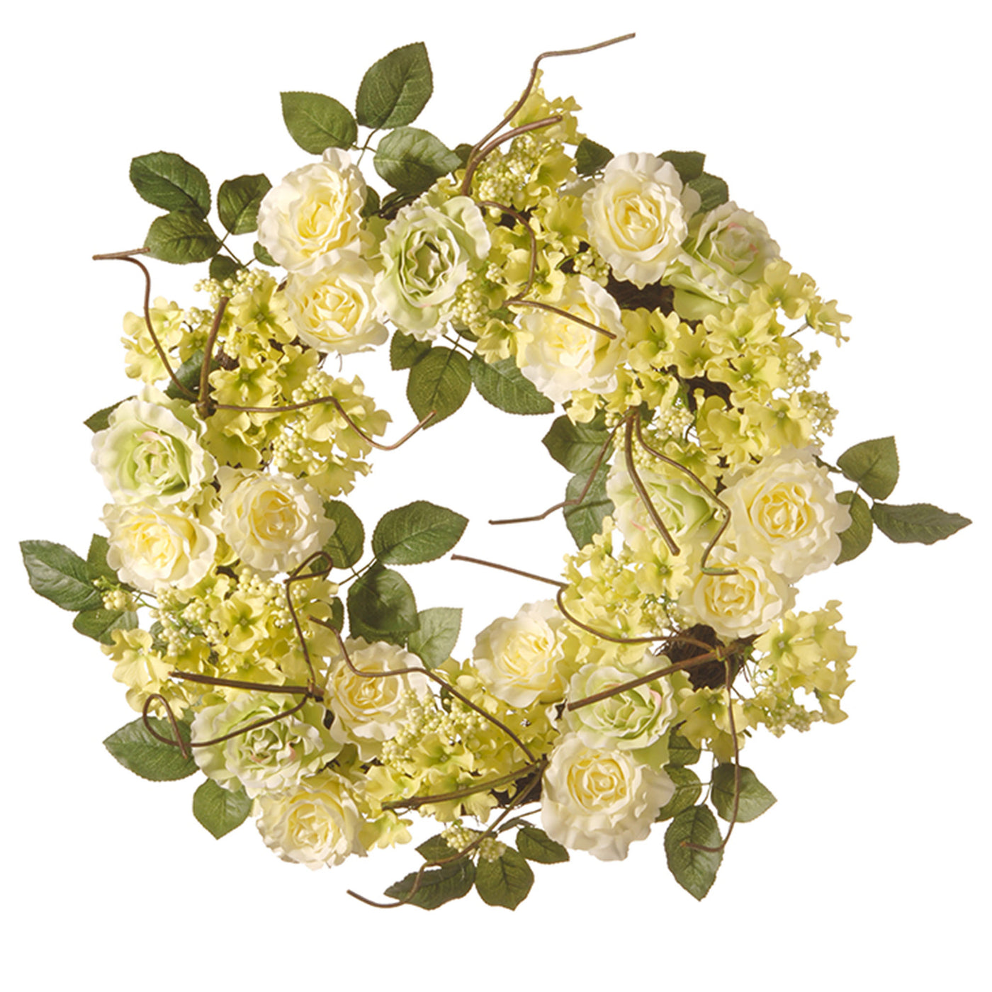 20 in. Spring Wreath with Cream Rose Blooms, Branches, Leafy Greens - National Tree Company