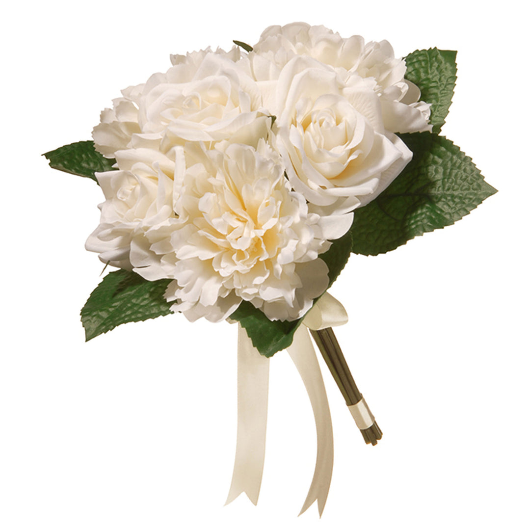 Artificial Floral Bouquet, Vine Stem Base, Decorated with Cream Rose and Peony Blooms, Ribbon, Seed Pods, Leafy Greens, Spring Collection, 12 Inches