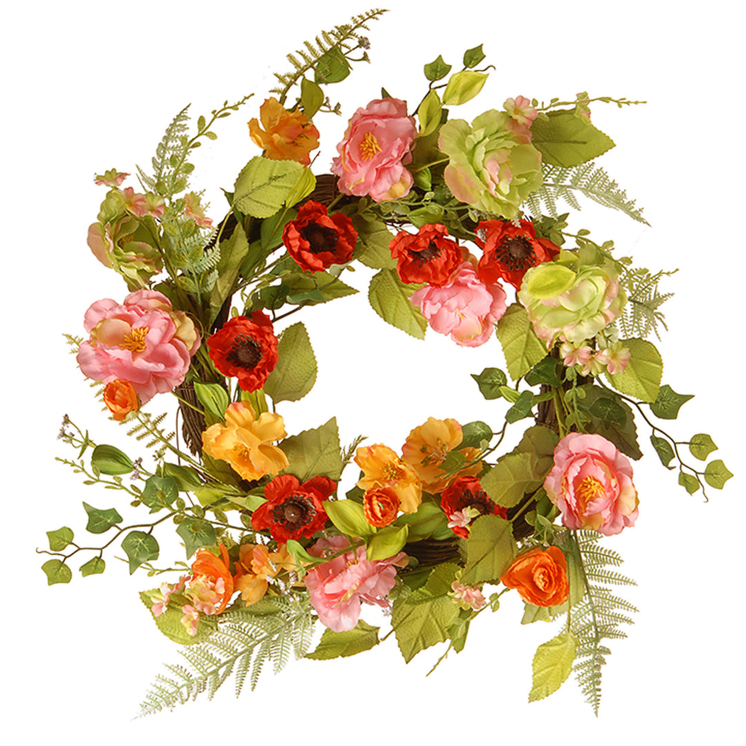 Artificial Hanging Wreath, Woven Branch Base, Decorated with Assorted Flowers, Fern Fronds, Leafy Greens, Spring Collection, 22 Inches