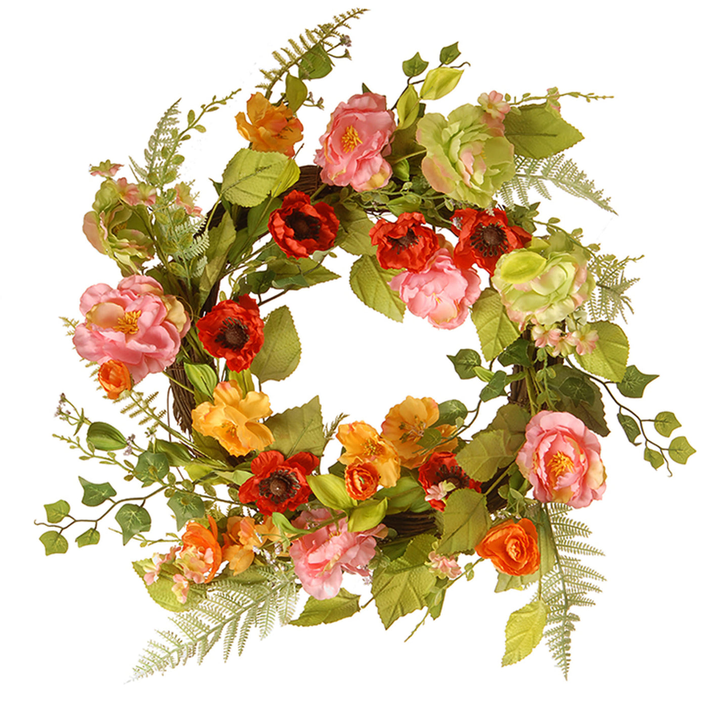 22 in. Spring Wreath with Assorted Flowers, Fern Fronds, Leafy Greens - National Tree Company